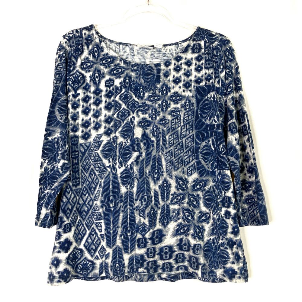 Chico's | 3/4 Sleeve Top Aztec Blue Cotton Blend Womens Chicos 2/ US Large